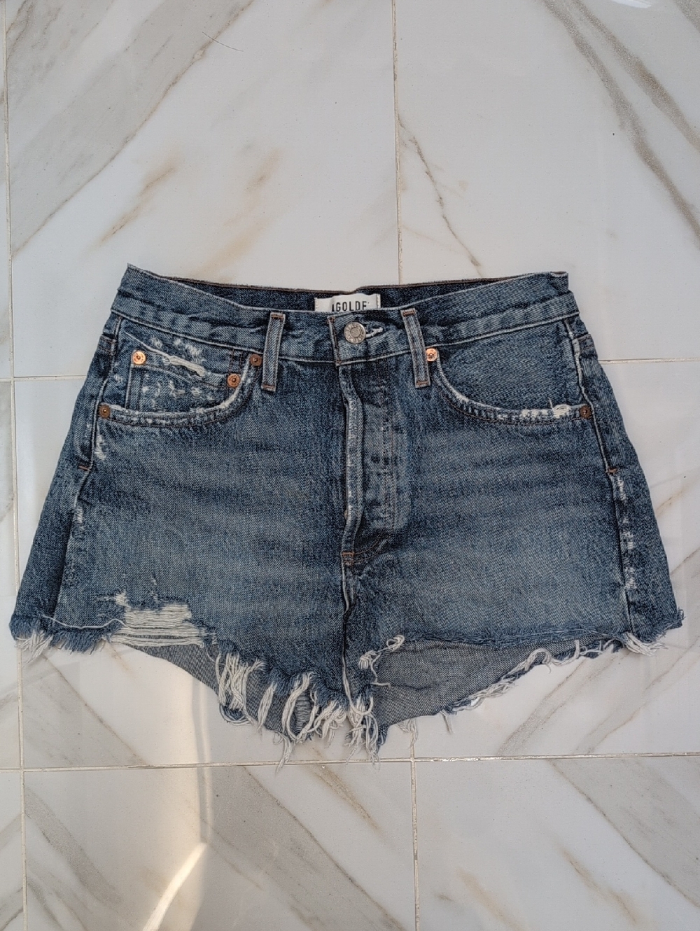 AGOLDE Parker High Rise Cut Off Denim Jean Shorts 100% Cotton Blue Size 25 Flaw